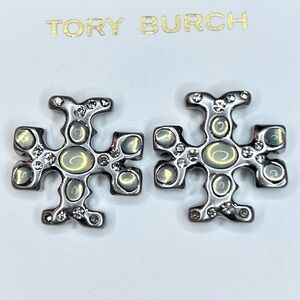 Tory Burch Silver Toned Double T Design Earrings NWT